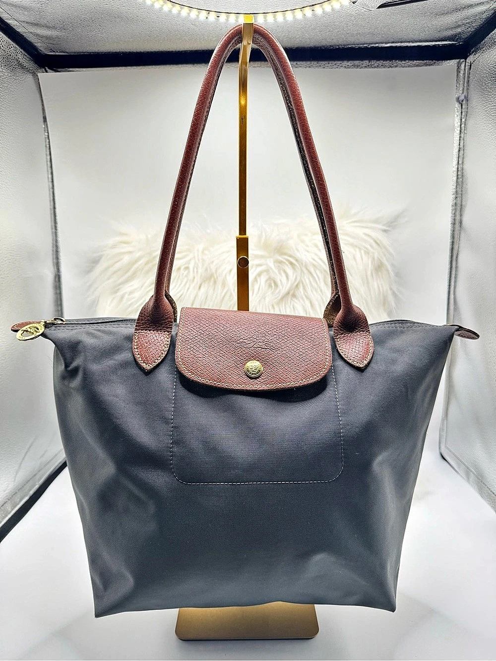 Longchamp Le Pliage Tote Bag Gray Nylon Leather
